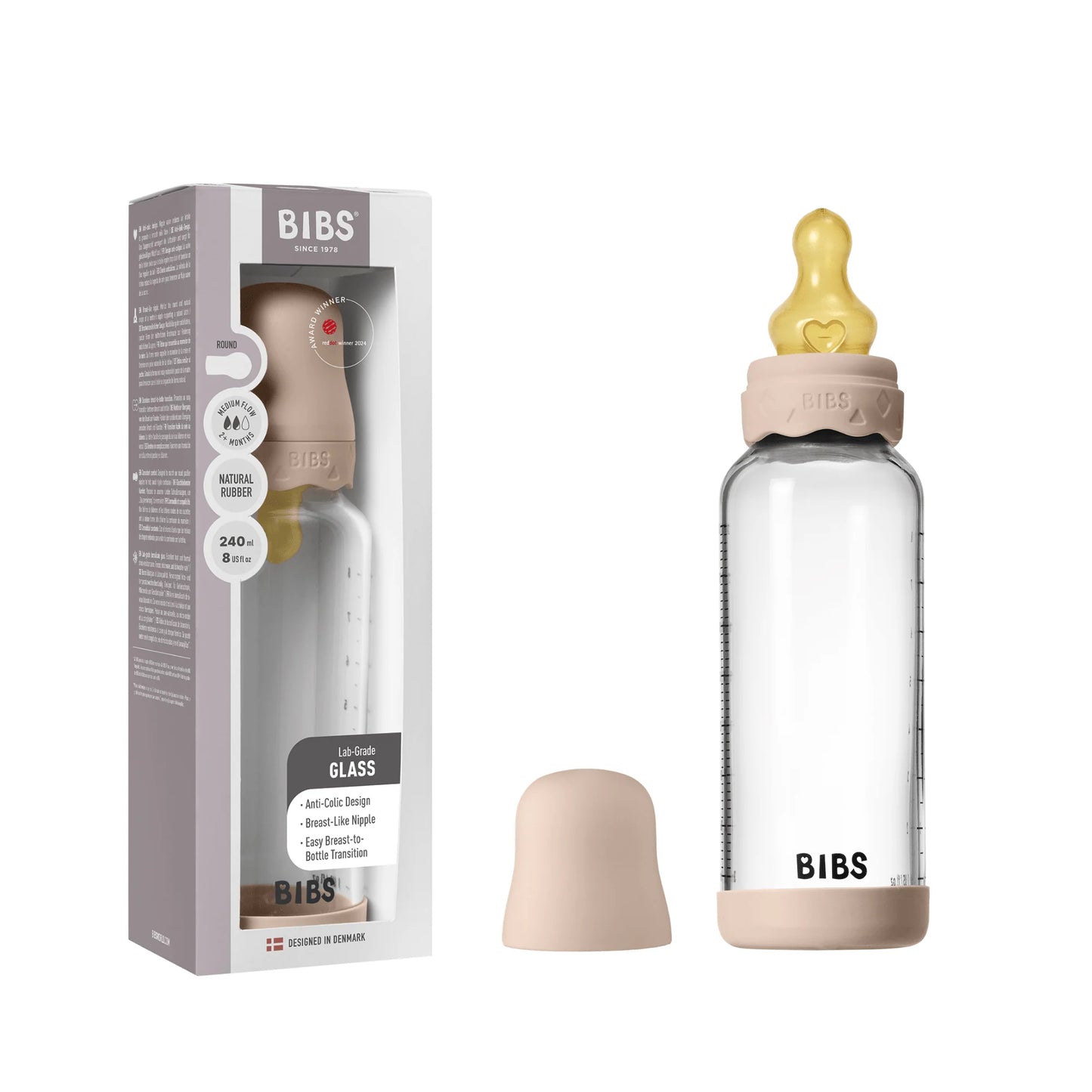 IBS Glass Boheme Baby Bottle Round Latex 1 pack 240 ml Medium Flow Blush