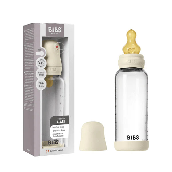 BIBS Glass Baby Bottle Round Latex 240 ml Medium Flow Ivory