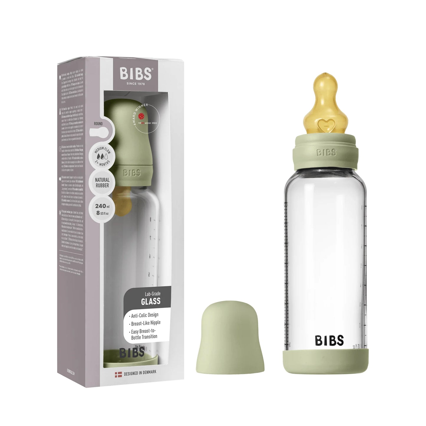IBS Glass Boheme Baby Bottle Round Latex 1 pack 240 ml Medium Flow Sage