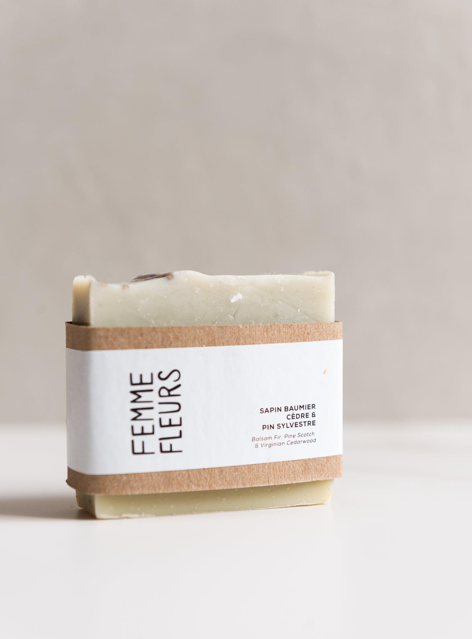 balsam fir soap on a white background