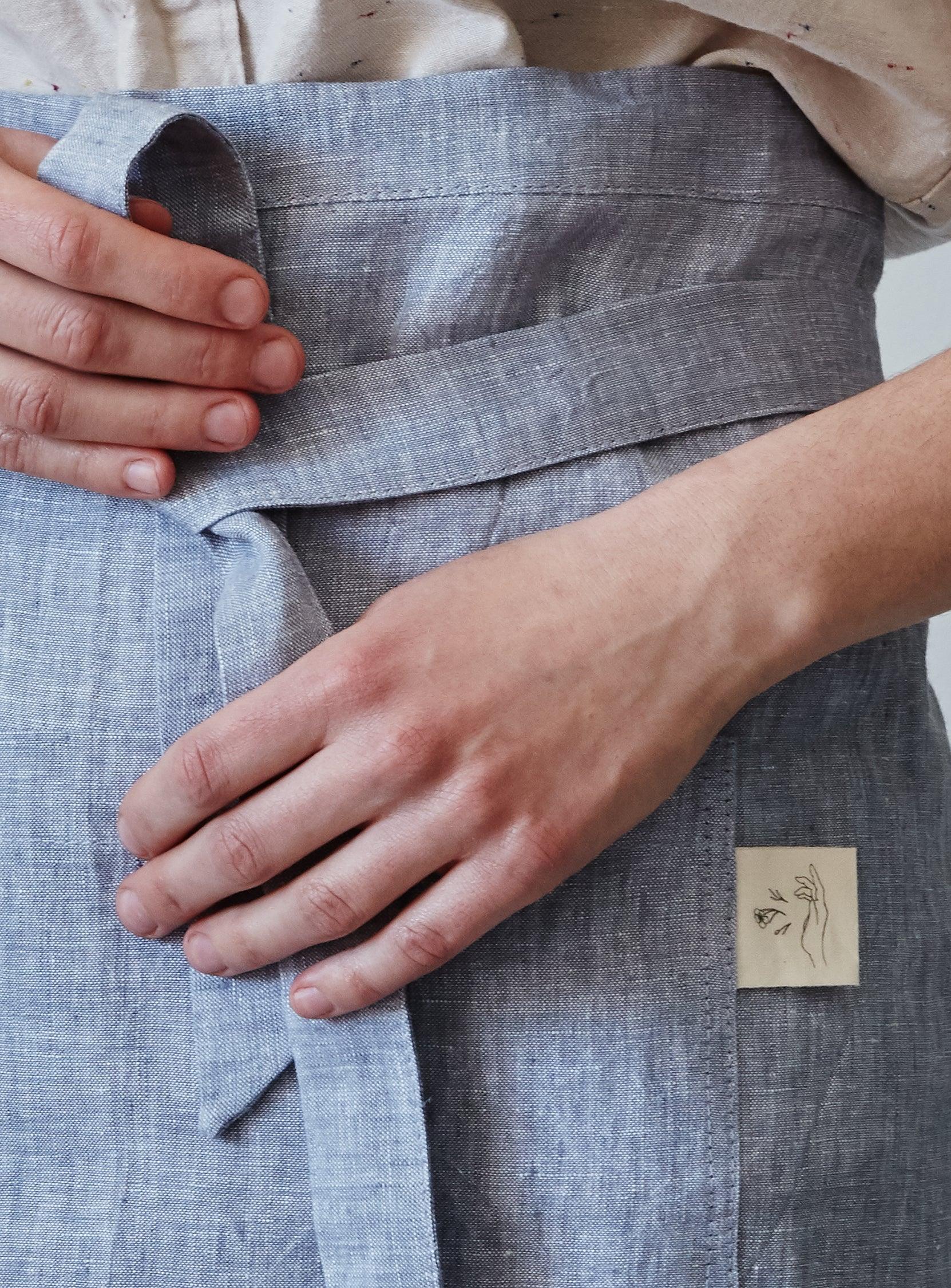 lavender linen half apron front ribbon detail