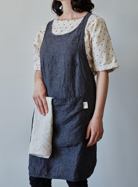 Front of our anthracite linen apron with large pocket