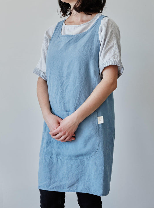 Front of our blue linen apron with large pocket