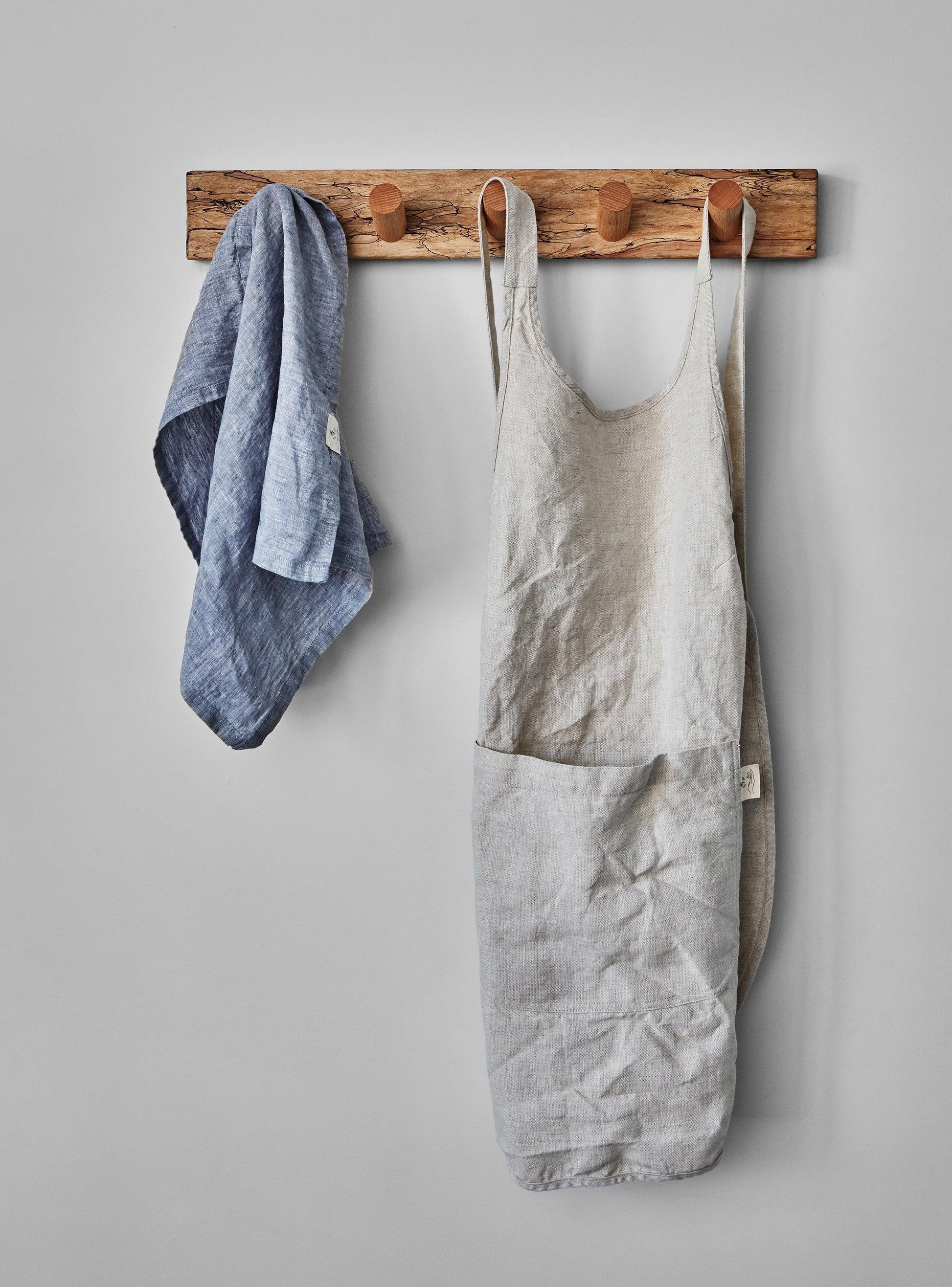 Oat linen apron with blue tea towel